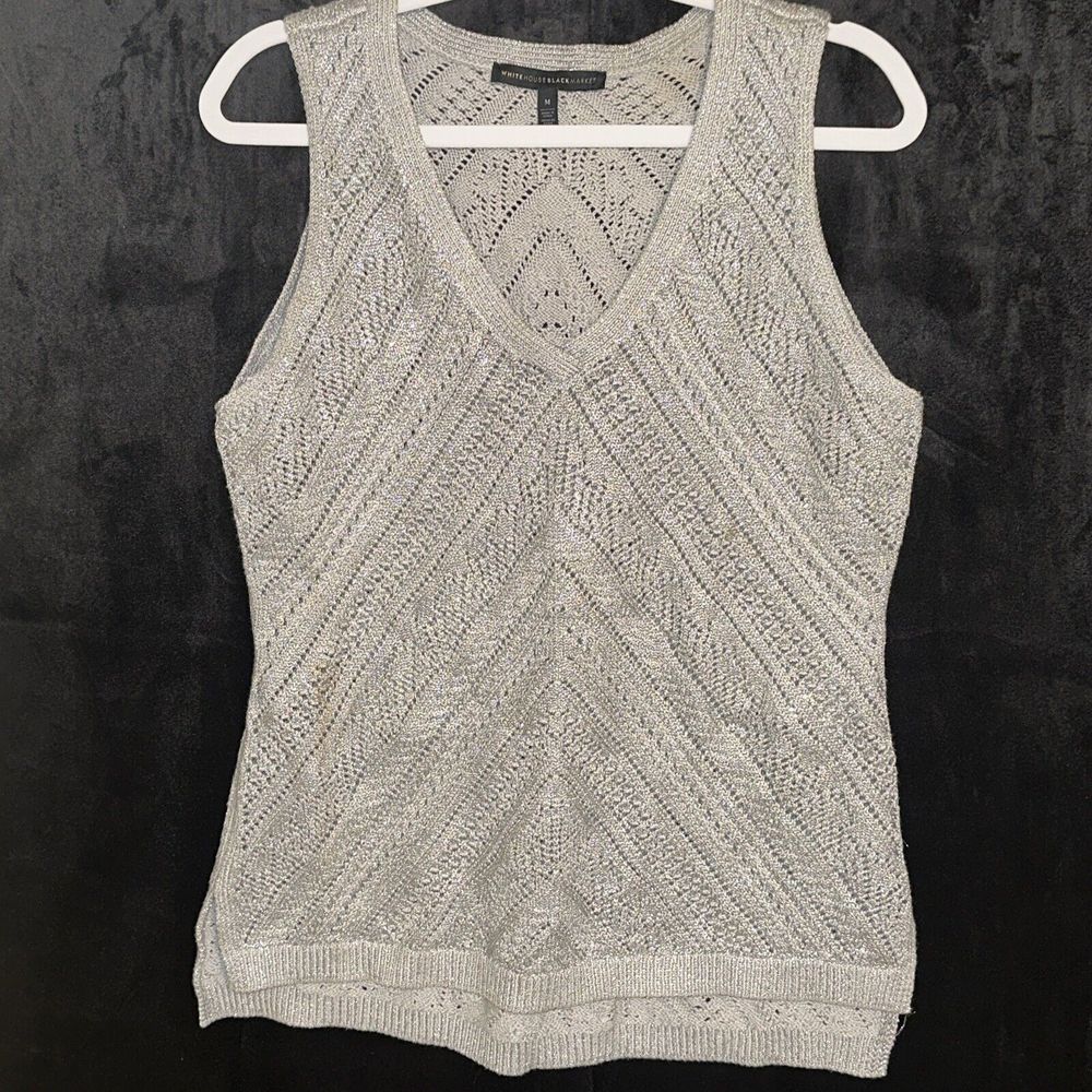 White House Black Market WHBM SZ M Gray Silver Metallic Knit Sweater Vest